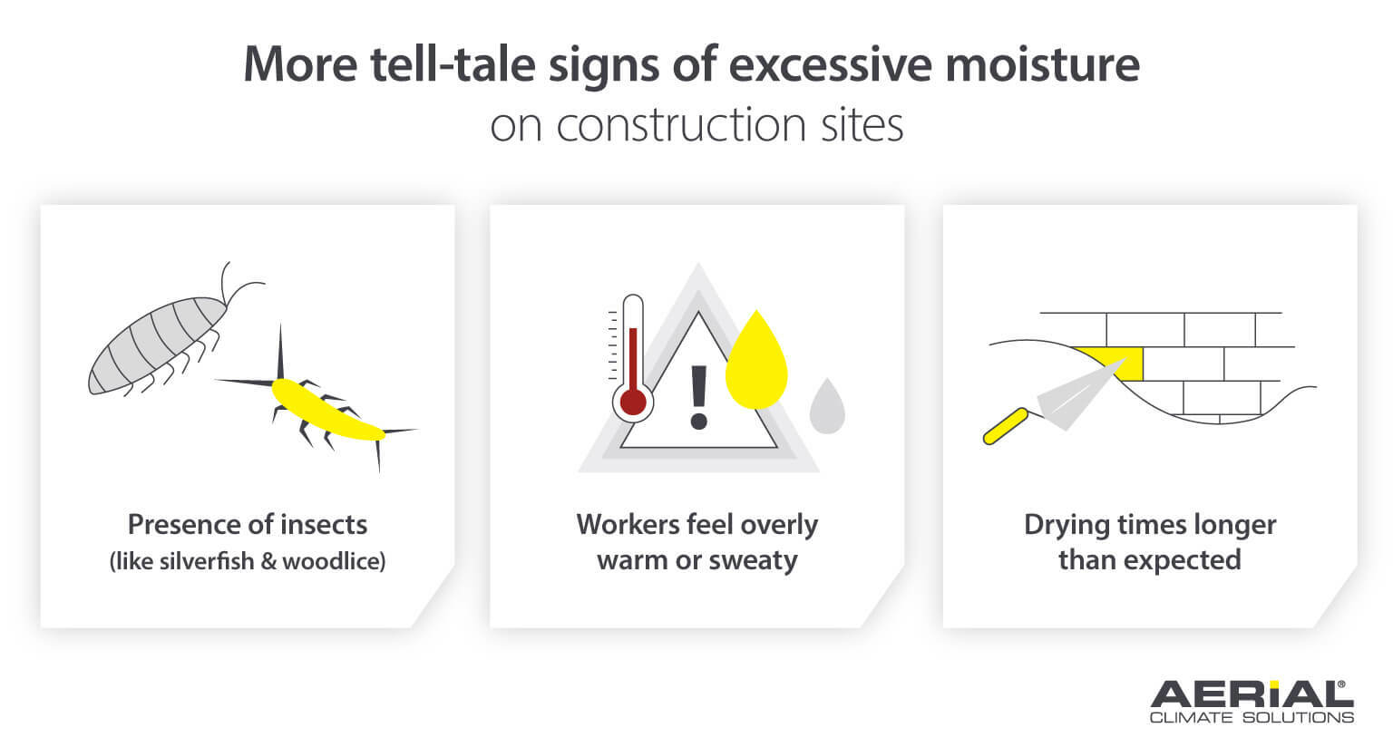 Signs of excessive moisture on a building site from workforce conditions and drying times, to presence if insects - Infographic image