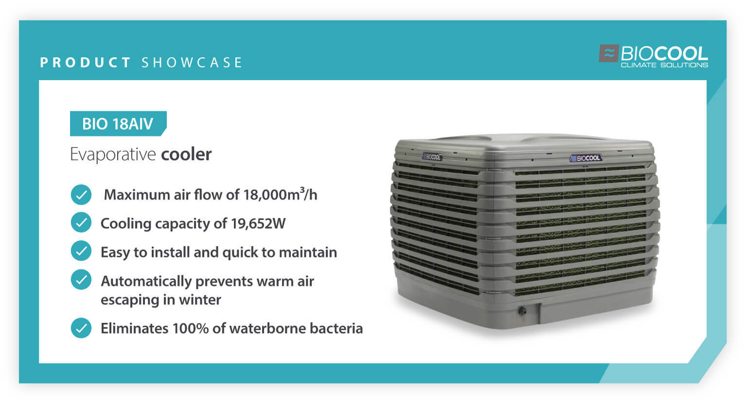 Product showcase of Biocool BIO 18AIV Evaporative cooler benefits for food production premises