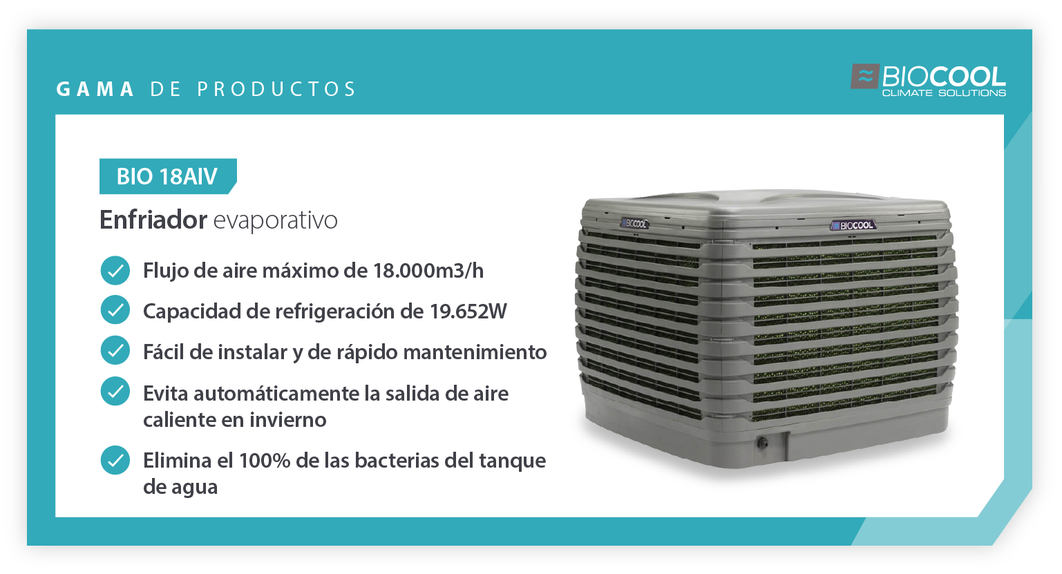Product showcase of Biocool BIO 18AIV evaporative cooler for automotive industry usage