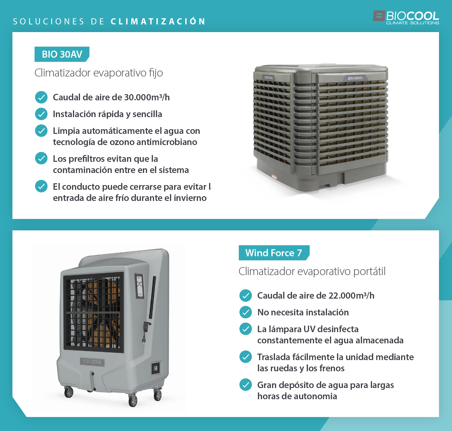 Product showcase comparing features of Biocool fixed and portable evaporate cooler units for warehouses