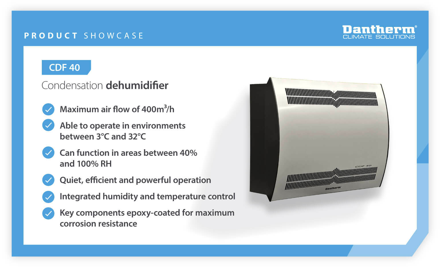 Product showcase - Dantherm CDF 40 Condensation Dehumidifier for electronics cooling and data centres - Infographic