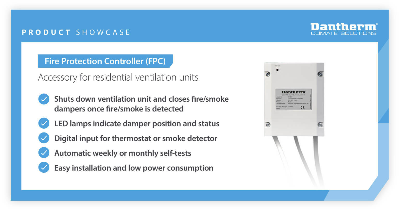 Product showcase of FPC (Fire Protection Controller) used with ventilation units - infographic image