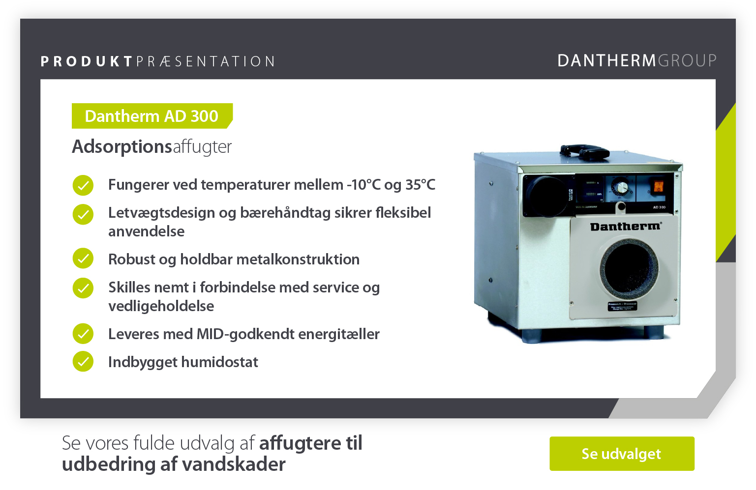 Product showcase of Dantherm AD 300 adsorption dehumidifier features