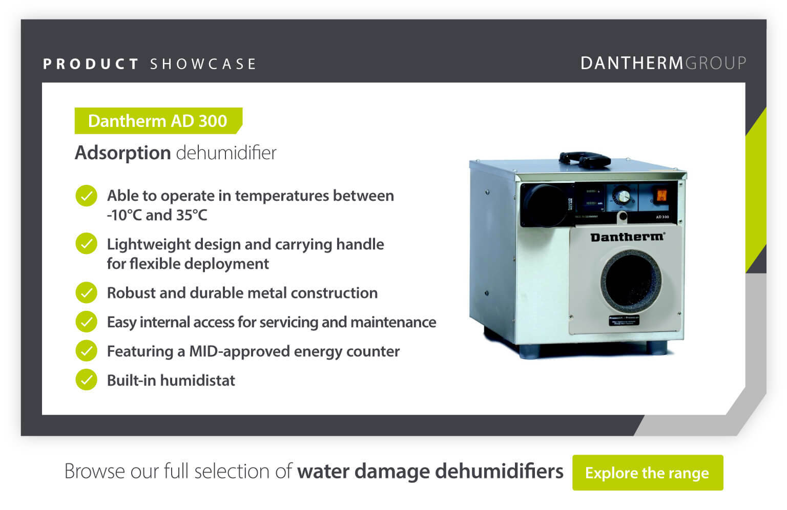 Product showcase of Dantherm AD 300 adsorption dehumidifier features