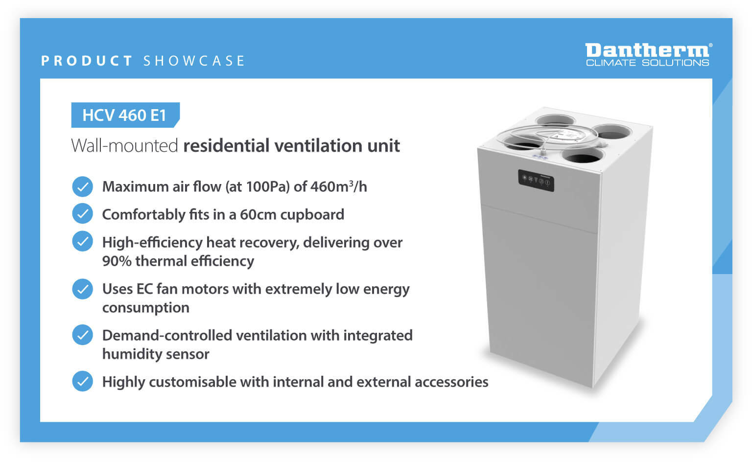 Product showcase for Dantherm wall mounted residential ventilation unit HCV 460 E1 showing features and benefits - Infographic image