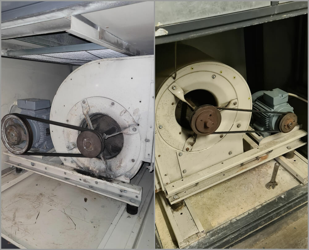 Ventiladores de correa desgastados de Dantherm en una antigua unidad de tratamiento del aire