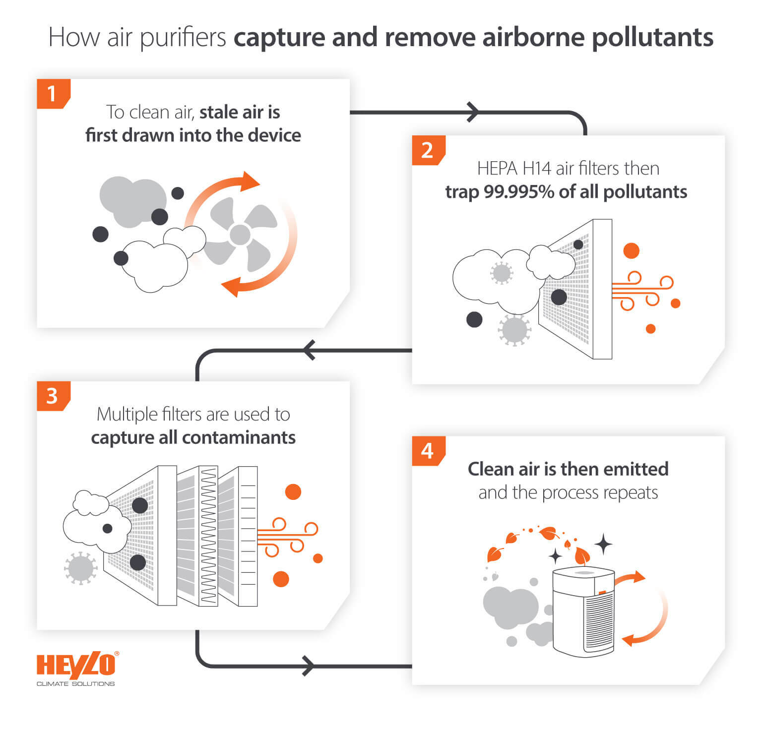 How air purifiers capture, reduce and remove airborne pollutants - Infographic image