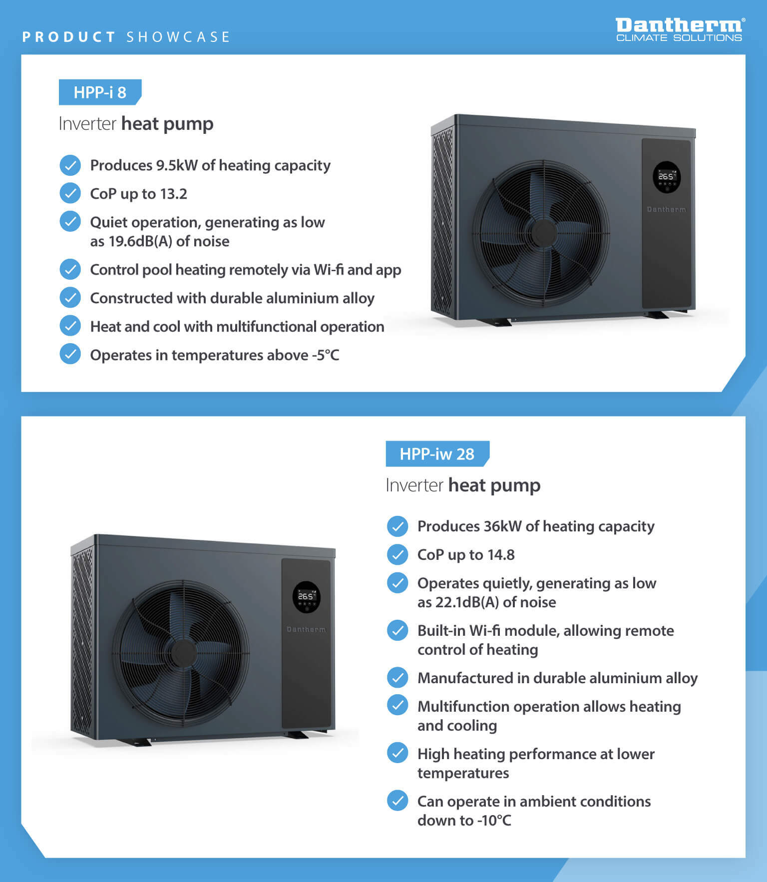 Product showcase comparing 2 Dantherm inverter swimming pool heat pump models with features information.