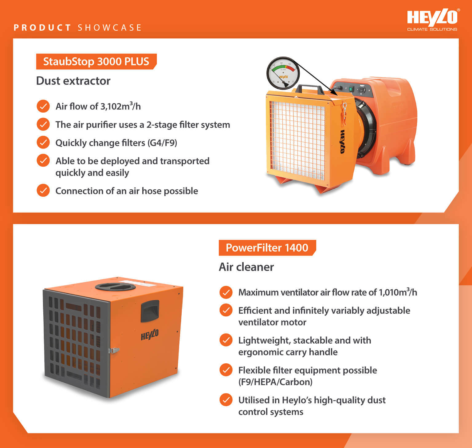 Product showcase comparing features of Heylo dust extractors and air cleaners for building and construction workers