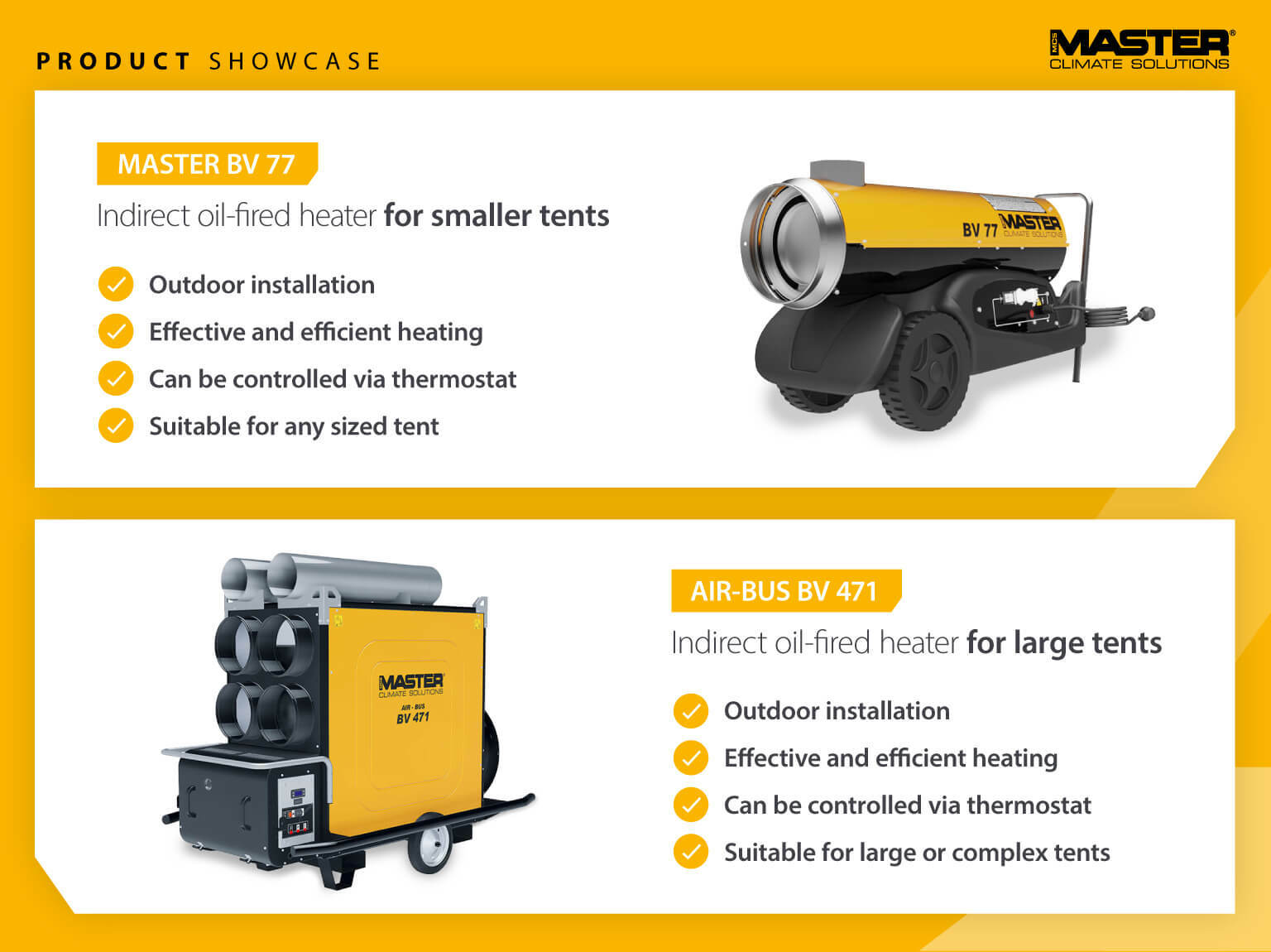 Product showcase: Master BV 77 Indirect Oil-fired heater suitable for smaller tents and marquees and the Air-Bus BV 471 Indirect Oil-fired heater for large tents and marquees