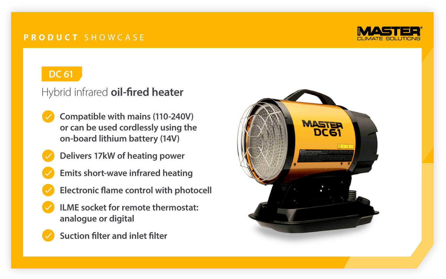 Product showcase of Master DC61 infrared heater features - Infographic