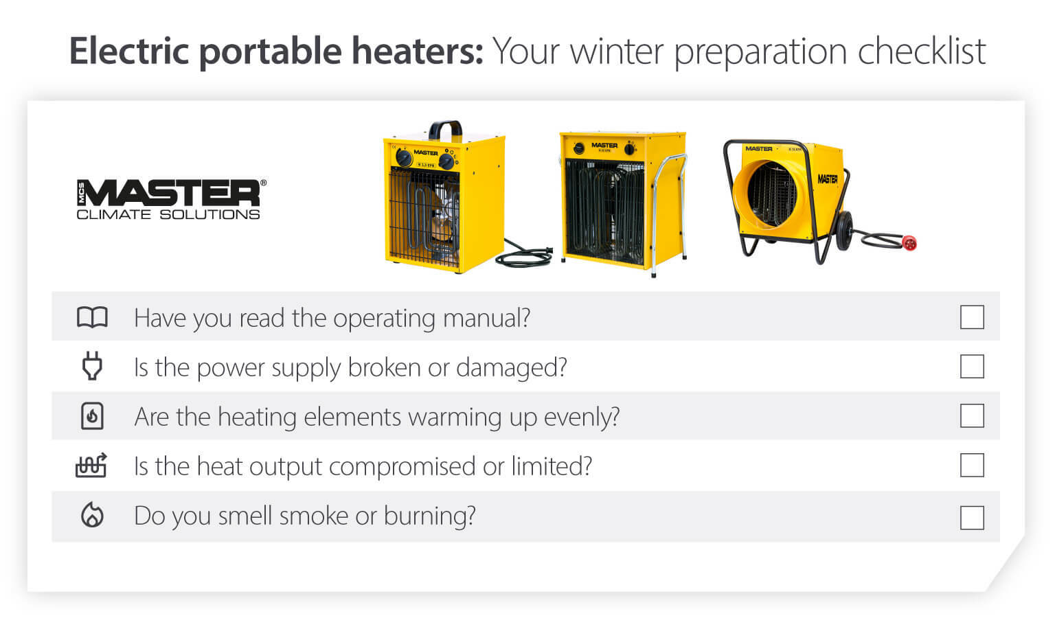 Winter checklist for portable electric heaters - preparing heater for cold temperatures - Infographic image