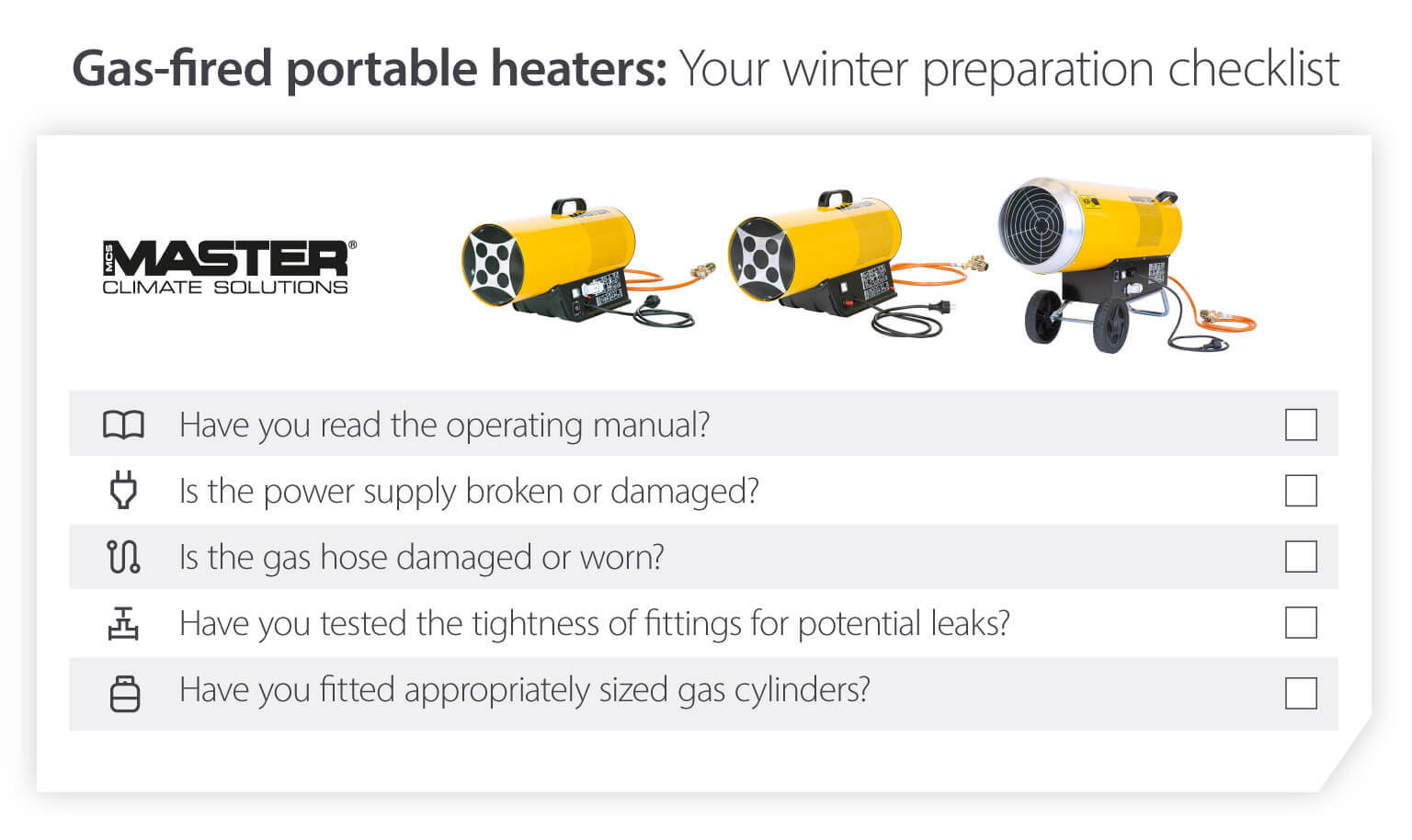 Tjekliste til forberedelse af transportabel gasfyret varmeenhed til vinteren for at sikre, at varmeenhderne fungerer ved lave temperaturer – infografikbillede