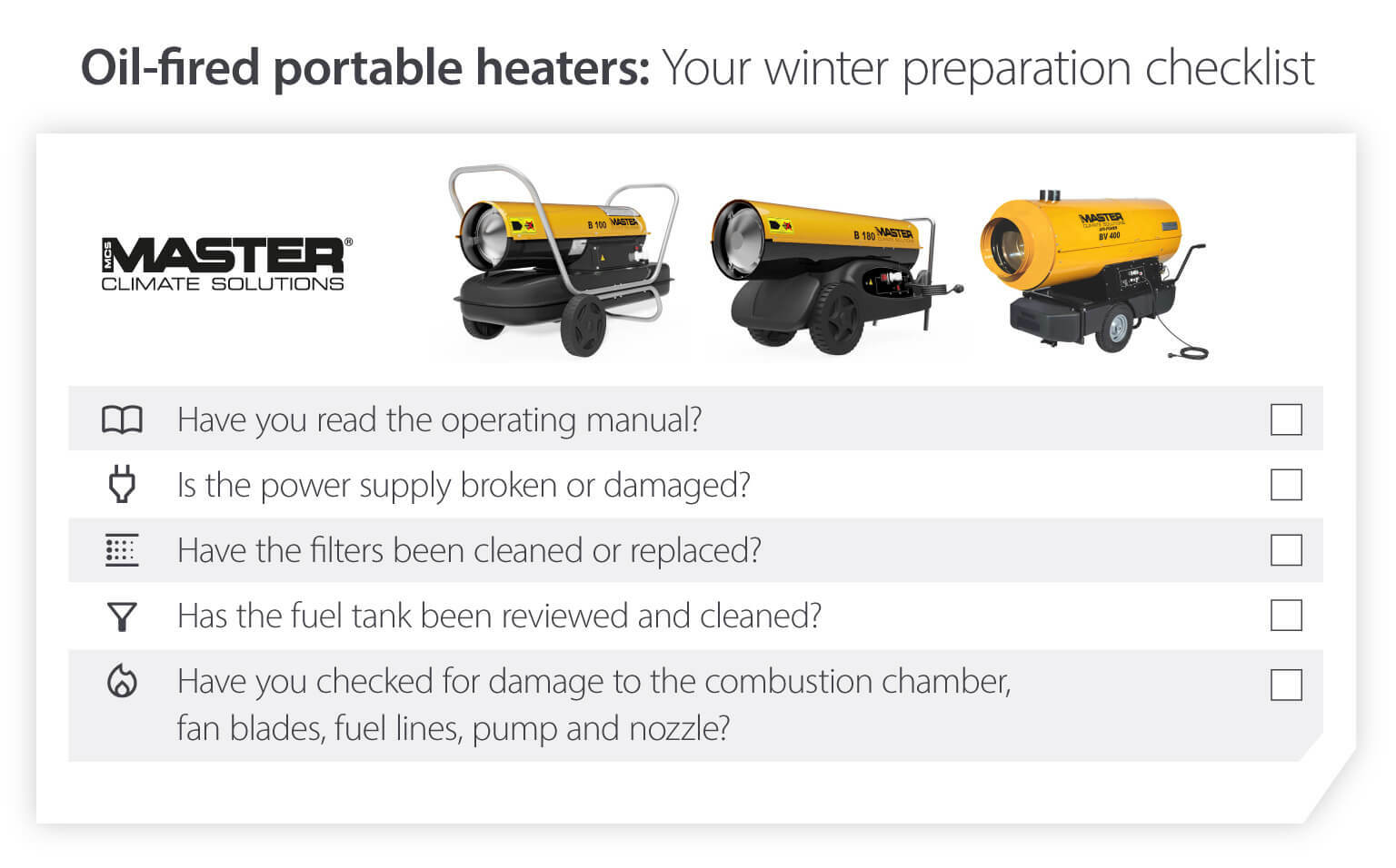 Winter oil fired heater preparation checklist list to ensure heaters work for winter and cold temperatures - Infographic image