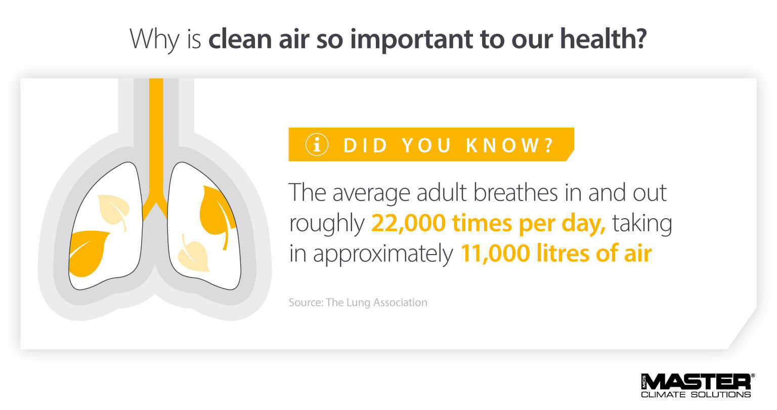 Why clean air is important to health as adults breath 11,000 litres of air per day - statistics infographic