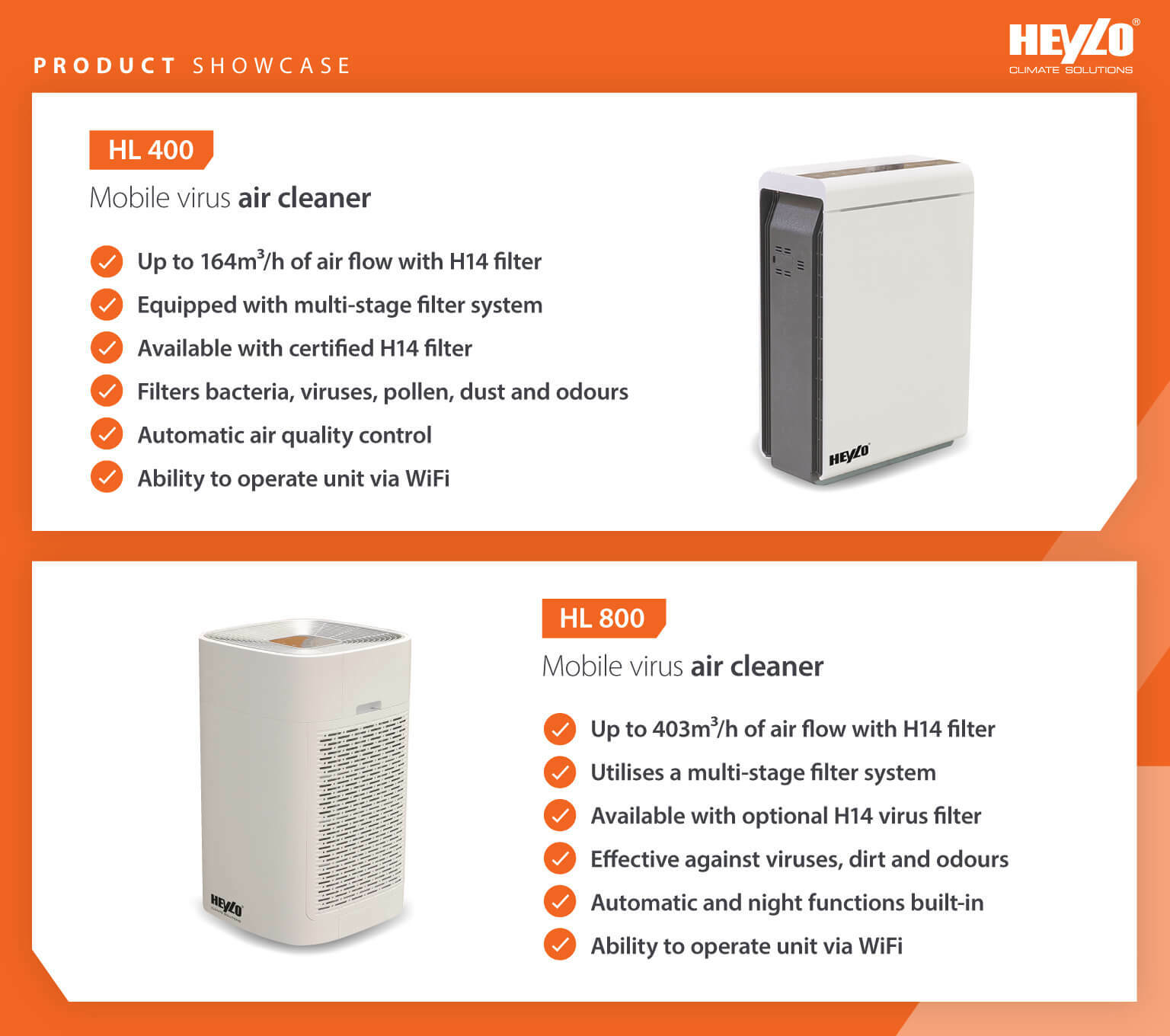 Heylo mobile virus air cleaners product showcase comparing the HL 400 and HL 800 models