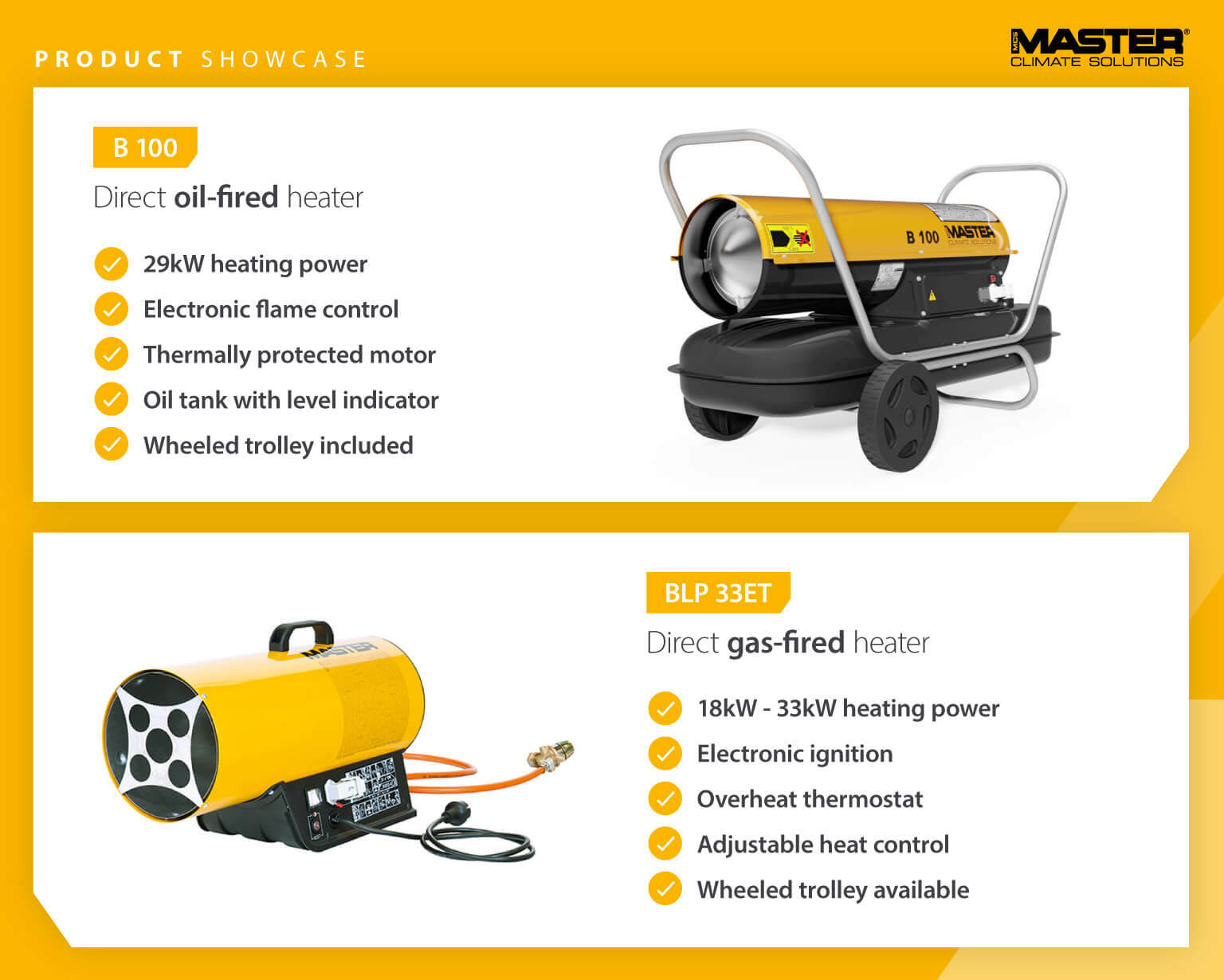 Comparing a B100 direct oil fired heater with a BLP 33ET direct gas fired heater - Master infographic