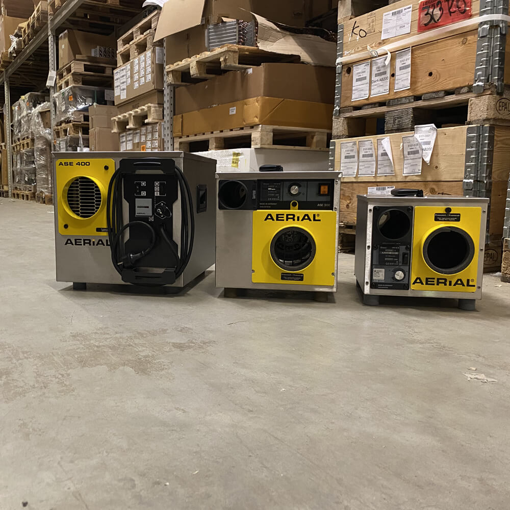 Aerial ASE series commercial dehumidifiers in a warehouse