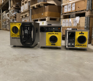 Aerial ASE series commercial dehumidifiers in a warehouse